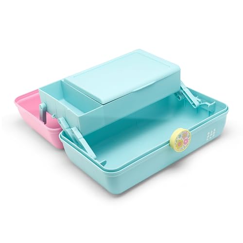 Image of Caboodles On-The-Go Girl Makeup Box, Two-Tone Pink and Light Blue, Hard Plastic Makeup Organizer Box, Built-In Mirror, Secure Latch for Safe Travel, Spacious Storage for Large Items