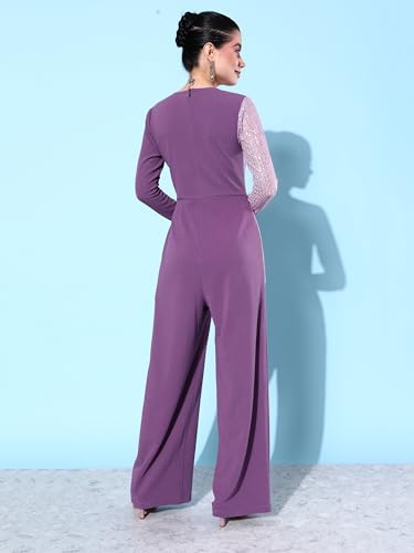 Image of Miss Chase Women's Halter Neck Sleeveless Solid Wide Leg Sequin Paneled Regular Length Jumpsuit