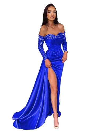 Off The Shoulder Sequin Long Sleeve Prom Dresses Long Satin Mermaid Evening Gown for Women Formal Dress with Slit