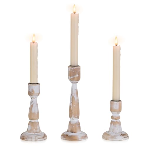 Inweder Candelabro de madera para velas de varilla: 3 candelabros rústicos para...