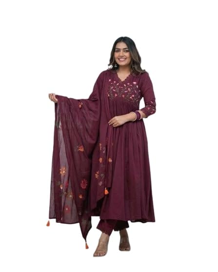 Women's Rayon Kurta Set with Pants and Dupatta, Burgundy Embroidered Ethnic Wear, Casual Party Dress-image-47