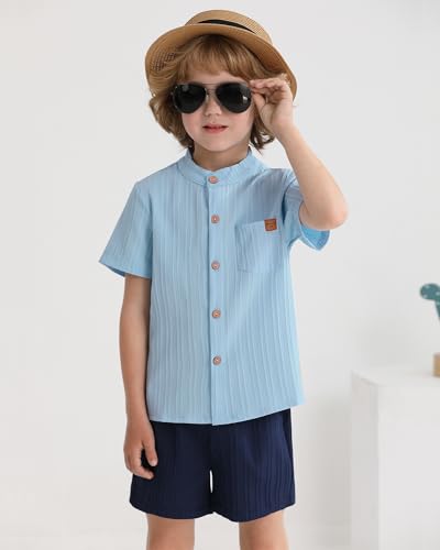 Image of WESIDOM Toddler Boy Clothes Button-Down Shirts+Short Sets Boy's 2 Piece Beach Outfits with Pockets 18M-7Y