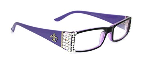 The French, (Bling) Fleur De Lis Women Reading Glasses Adorned with (Clear + Aurora Borealis) Austrian Crystals (Purple) Rectangular
