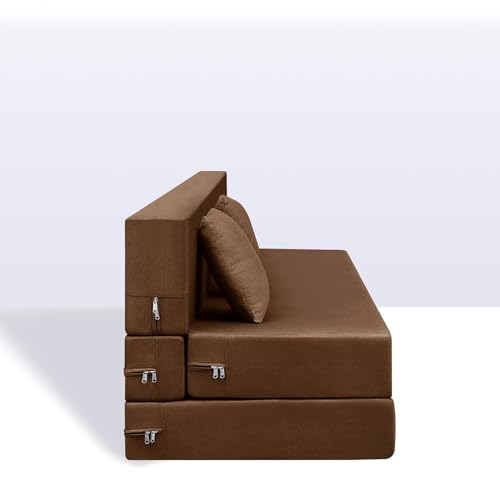Image of ARTFUL LIVING | Foldable Two Seater 4X6 Sofa Bed | Convertible Sofa Cum Bed with Cushion Jute Fabric Perfect for Living Rooms & Office, Guest Room - Brown Color
