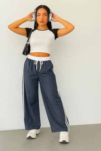 Image of SAKHWALA Women Track Pant | Women's Wide Leg Track Pants High Waist Drawstring Sweatpants with Side Stripes, Casual Loose Fit Lounge Joggers, White