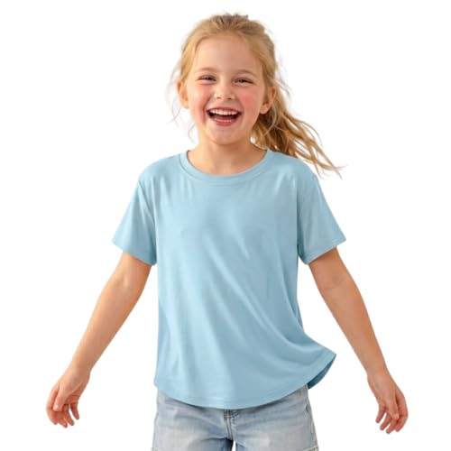 Image of WELAKEN Girls Soft T-Shirt with Curved Hem, Breathable Stretchy Rayon Crewneck Short Sleeve Tees, Kids Everyday Basic Top