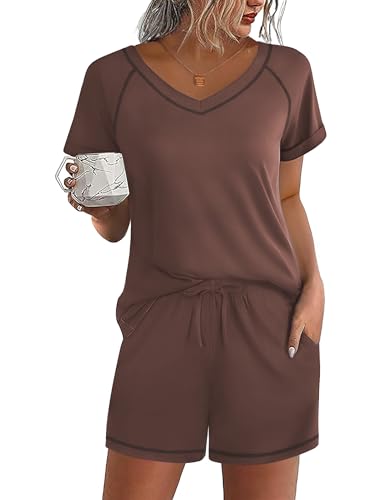 Ekouaer Pajama Shorts Set Womens 2 Piece Sleepwear Short Sleeve V Neck Pjs Comfy Lounge Set with Pockets Brown,S