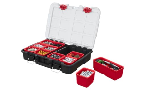 Keter Stack N’ Roll Tool Organizer, Portable Small Parts Organizer with Removable Bins, Clear Lid, Lockable Storage Case for Screws, Nails, Fasteners & Hardware, Stackable Modular Tool Storage