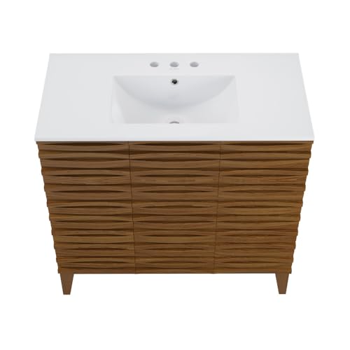Image of Swiss Madison Cascade 36 in. Brown Oak Bathroom Vanity with White, 3-Hole Ceramic Sink Top