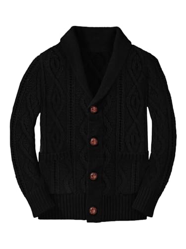 Boy's Sweater Cardigan Button Down Shawl Collar Cable Knitted Outwear Long Sleeve Sweater Coats with Pockets