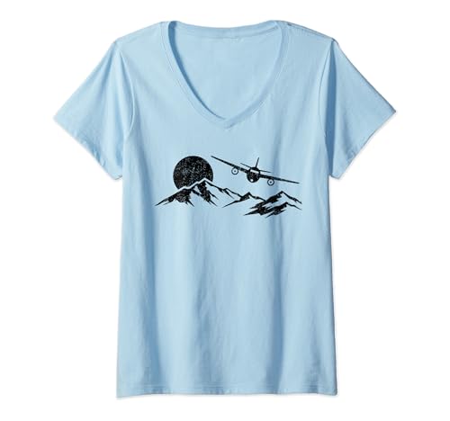 Mujer Avión sobre montañas regalo para pilotos hombres y mujeres aviación Camiseta Cuello V