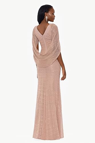 Image of Betsy & Adam Women's Long Stretchy Metallic 3 /4 Sleeve Cowl Neck Drape Back Formal Dress