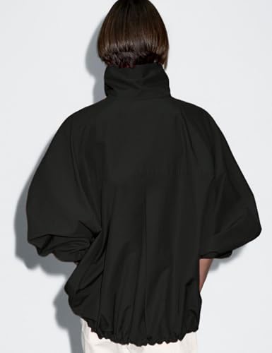 Daacee Women Oversized Bomber Jacket High Neck Balloon Hem Zipper Streetwear Coat Outwear with Pockets3