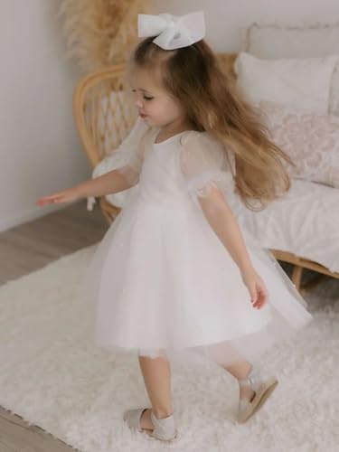 Pearl Tulle Flower Girl Dress for Wedding Puff Sleeves Satin Ball Gowns V Back Knee Length Princess Birthday Dress3