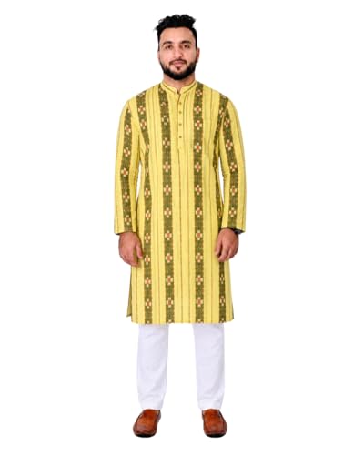 Image of GHL GUENDICHA HAAT Sambalpuri Certified Handloom Men's Pure Cotton Kurta | Odisha Ikat Ethnic Wear | Mandarin Collar | Full Sleeve Traditional Kurta for Men