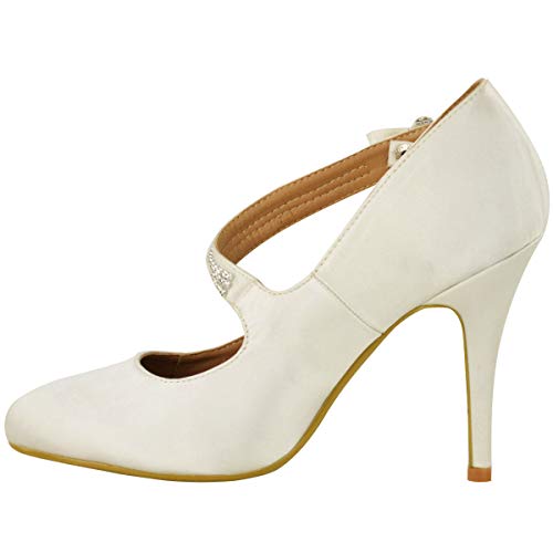 Womens Bridal Wedding Court Shoes Ladies High Heel Diamante Prom Evening Party Occasion Heeled Closed Toe Dress Heels Sandals Classic Pumps Size Ivory Satin #TOP2
