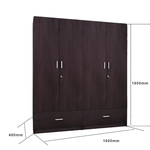 Image of VIKI Wardrobe | Wooden Almirah for 4 Door Wardrobe with 2 Split Drawer & Hanging Space (Frosty White - 40D x 160W x 180.8H) | 1 Year Warranty | Free Assembly