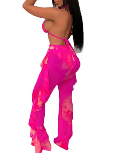 Women 2 Piece Outfits Bikini Swimsuit - Sexy See Through Mesh Crop Top Ruffle Long Pant Jumpsuits Beach Cover Up2