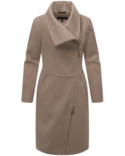 Navahoo Damen lange Übergangsjacke Mantel in Woll-Optik mit asymmetrischem Kragen und wasserdichtem Reißverschluss Samtrose 14 Taupe Grey Gr. M