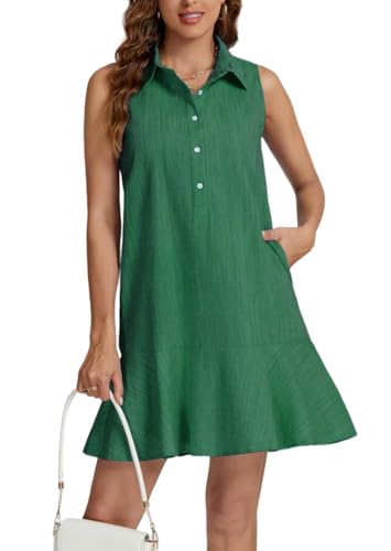 Image of Women Sleeveless Mini Dress Button Down Shirt Dress V Neck Reffle Hem Cotton Linen Tunic Short Dress