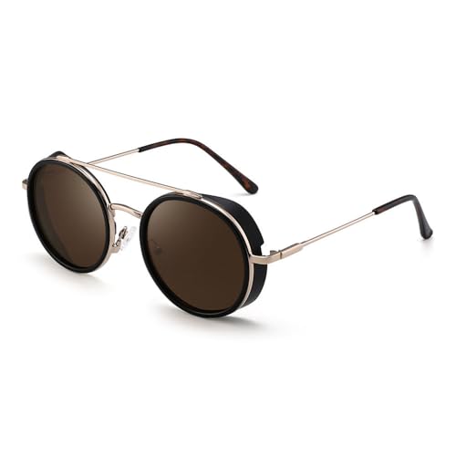 Men Women Steampunk Round Sunglasses Vintage Metal Frame Double Bridge Sunglasses