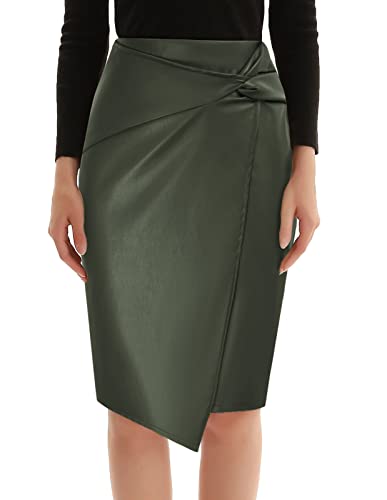 Image of Kate Kasin Women Faux Leather Midi Skirt, High Waist Wrap Bodycon Skirts