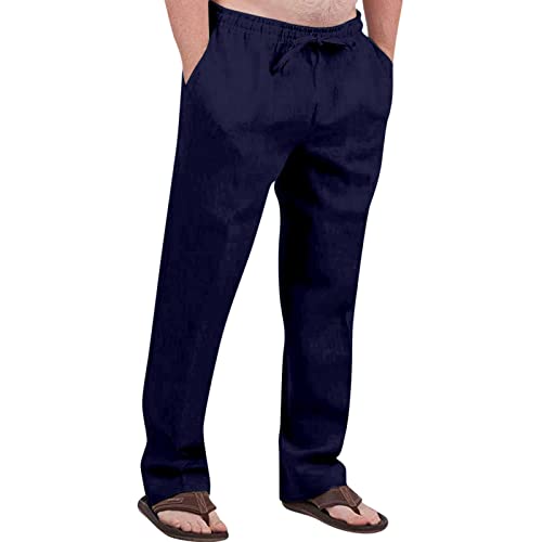 Cdiecer Mens Linen Pants Elastic Drawstring Waist Straight-Legs Pants Summer Beach Long Pants Lightweight Yoga Pants