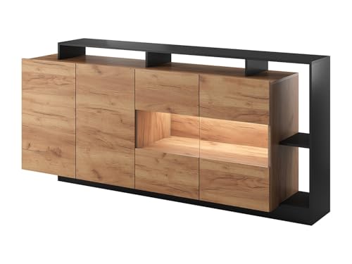 Vente-unique - Buffet 4 Portes et 4 niches avec LEDs - Naturel Clair et Anthracite - IDESIA
