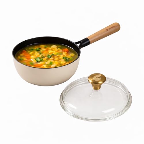 Image of CUMIN CO. Cast Iron Sauce Pan with Lid | 1.5 litres, 18 cm | Induction Base Cookware |5 Years Warranty | Non Toxic Pan for Tea and Serving Sauces | Chemical Free Coating | Beechwood Handle | White
