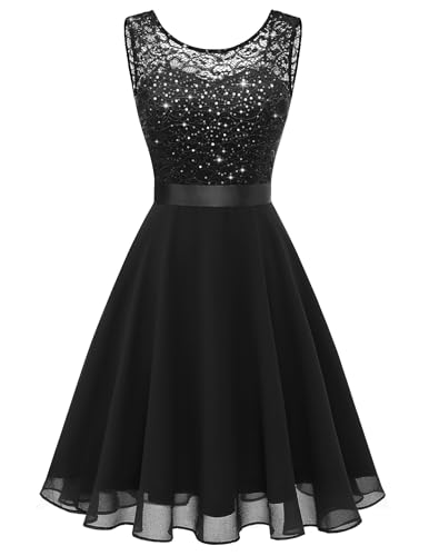 BeryLove Homecoming Dresses for Teens Short Sequin Party Dress Sleeveless Prom Wedding Formal Cocktail Evening Gown 05XP Black M