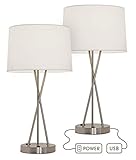 Paradis Lamp with Outlet and USB Port. 24 Inches tall, Modern Design, Brushed Nickel with Fabric Shade. Great as a Table Lamp or Nightstand Lamp - Charges Electronics (Set of 2)