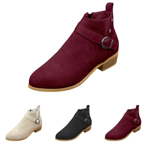 MJGkhiy Botas Texanas Mujer Bajas Western Botín Ante Invierno Chelsea Botines Con Tacón de Bloqueo Negro Ankle Boots Cowboy Marrones Camperos Botas con Cremallera, Vino, 37 EU