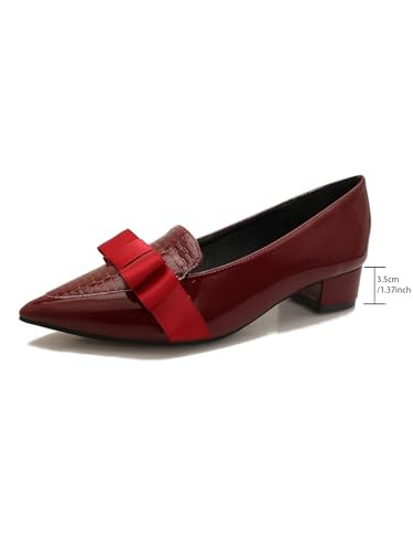 Image of Womens Comfortable Patent Leather Chunky Loafer Pumps with Bow Pointed Closed Toe Penny Loafers 1 Inch Low Block Heeled Loafers Shoes for Women Party Business