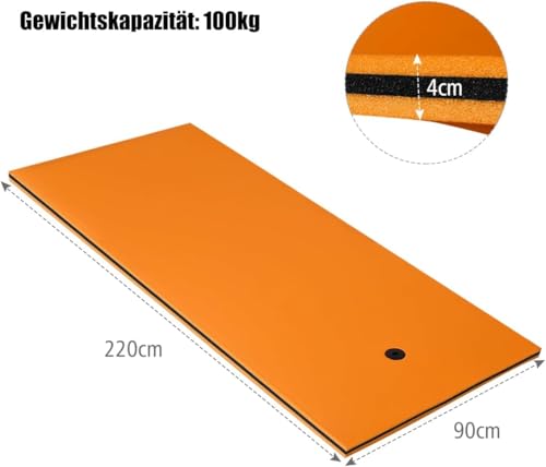 FANTASK Schwimmmatte 220 x 90 cm, schwimmende Wassermatte bis 100 kg belastbar, schwimmender Matte aus reißfestem XPE-Schaumstoff, Orange
