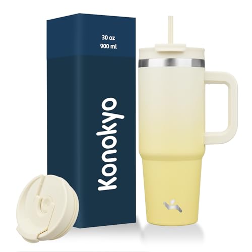 Image of Konokyo 30 oz Insulated Tumbler Water Bottle with Handle, Straw Lid | BPA-free and dishwasher safe; made for gym, travel, coffee and gifting, 2 straws, cup holder friendly,Lemon
