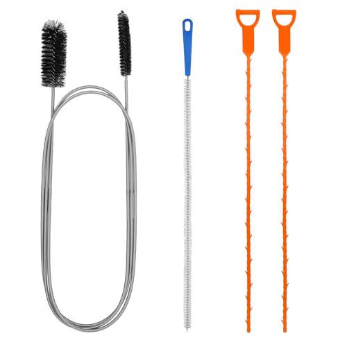 Lychico 4-Piece Drain Unblocker Set Includes 61.2 Double-Ended Pipe Cleaning Brush 17.7 Sink Brush & 2x19.7 Drain Snakes for Hair Clog Removal in Sink Bathroom Shower and Pipe