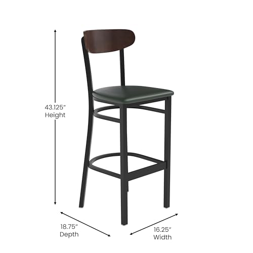 Image of Flash Furniture Wright Commercial Barstool - Walnut Finish Wood Boomerang Back - Green Vinyl Seat - 500 LB. Capacity Black Steel Frame - Integrated Footrest