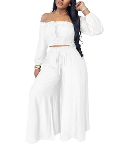 ABKY Two Piece Sets For Women Going Out Long Sleeve Off Shoulder Crop Top Wide Leg Pants Set Vacation Birthday Party Outfits White M