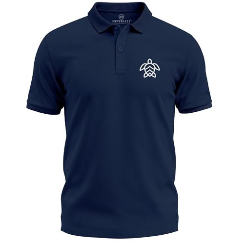 Neverless® Poloshirt Herren mit Schildkröten Aufdruck– Kurzarm Polo Sommer Maritimes Logo Design Modern Fit Fashion Navy L