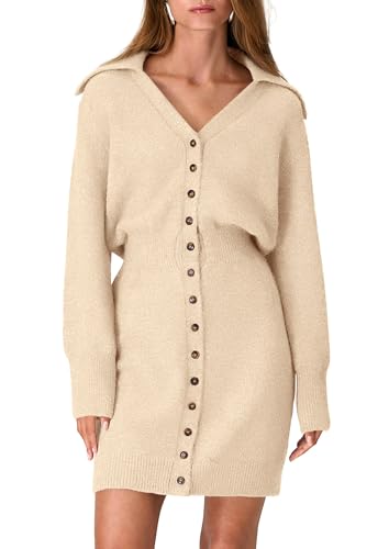 PRETTYGARDEN Sweater Dresses for Women 2025 Trendy Long Sleeve Button Down Short Mini Fall Winter Dress (Beige,Medium)