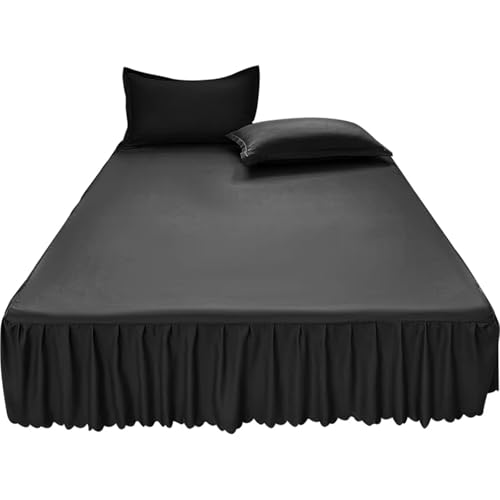 Cubre Canape Falda de Cama Color Liso, Cuatro Esquinas con Banda elástica, tamaño Queen/King Cepillado, Faldas (sin Funda Almohada)(Black,Queen 153x203cm)