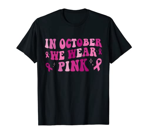 In October We Wear Pink Wavy Breast Cancer Shirt for Women Maglietta