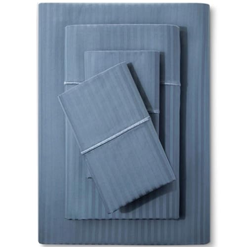 Image of Feather & Stitch 500 TC Split King Size Damask Bed Sheet Set, 100% Cotton Soft Breathable Bedsheets, 5 Piece 18 inch Deep Pockets Sateen Weave Striped Bedding Mattress Resort Hotel Luxury - (Blue Stripe)