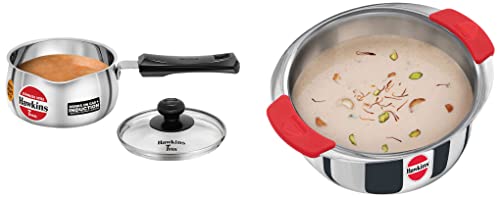 Image of Hawkins Tri-Ply Stainless Steel Induction Compatible Metro Patila, 2.5 Litre & Stainless Steel Induction Compatible TPan with Glass Lid, 1 Litre, 0.9 mm