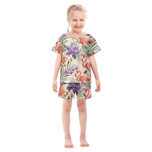 ALAZA Floral Flamingo Palm Leaves Pajamas Short Sleeve 2 Piece Sleepwear Top and Bottom Pajama Set Unisex3