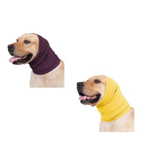 Image of Quiet Ears for Dogs, Reusable Anxiety Relief Dog Snood for Flies, Grooming, Thunderstorms & Fireworks Pail Lilac+Yellow L