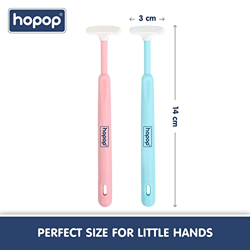 Image of Hopop Tongue Cleaner for Baby | Tender Baby Oral Cleaner Toothbrush with Silicone Scraper | Suitable from 6+ Months | 100% Safe Kids Tongue Cleaner | Pack of 2 | Blue & Pink