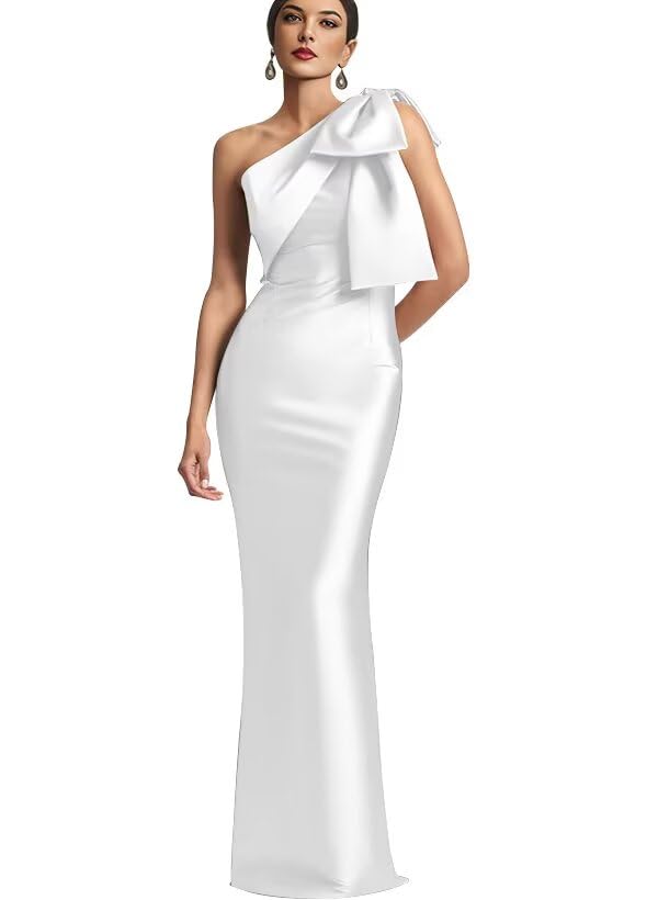 Image of One Shoulder Bridesmaid Dresses with Bow Long Mermaid Satin Back Slit Mother of The Bride Dresses PM004