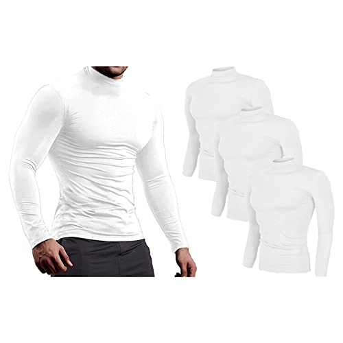 ANUFER Mens 3 Pack Long Sleeve Compression Shirts - Sports Running Base Layer Tops - Thermal Mock Neck Undershirts White + White + White XL