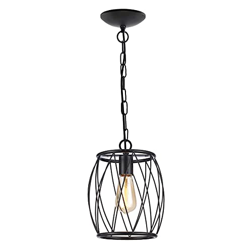NUODIFAN Black Industrial Pendant Light Fixture, Vintage Rustic Edison Pendant Lighting, Metal Cylinder Cage Rubbed Oil Finish Black